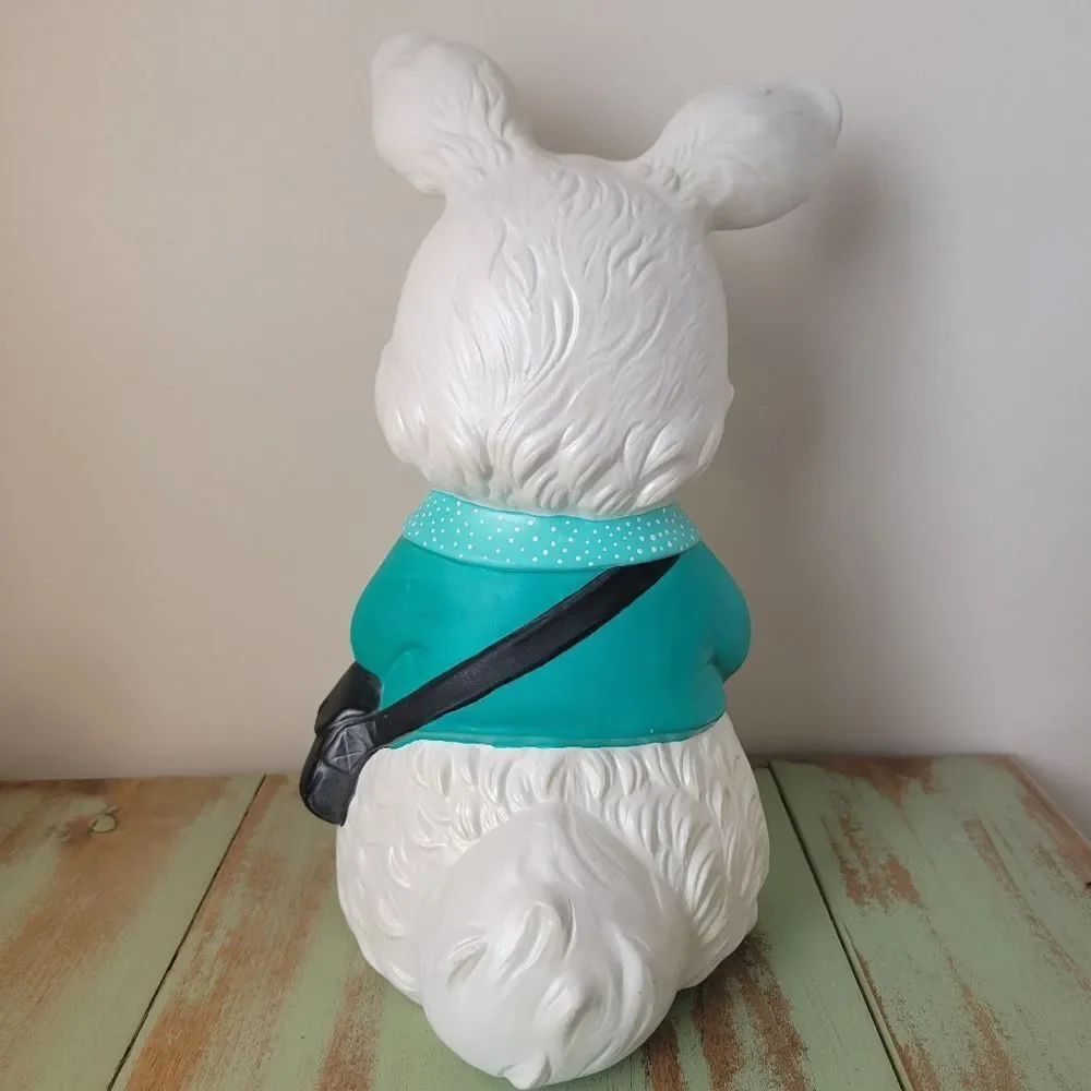 Kitschy Cute Large Easter Bunny Ceramic Figurine • Teal Jacket & Tie 🐰🩵